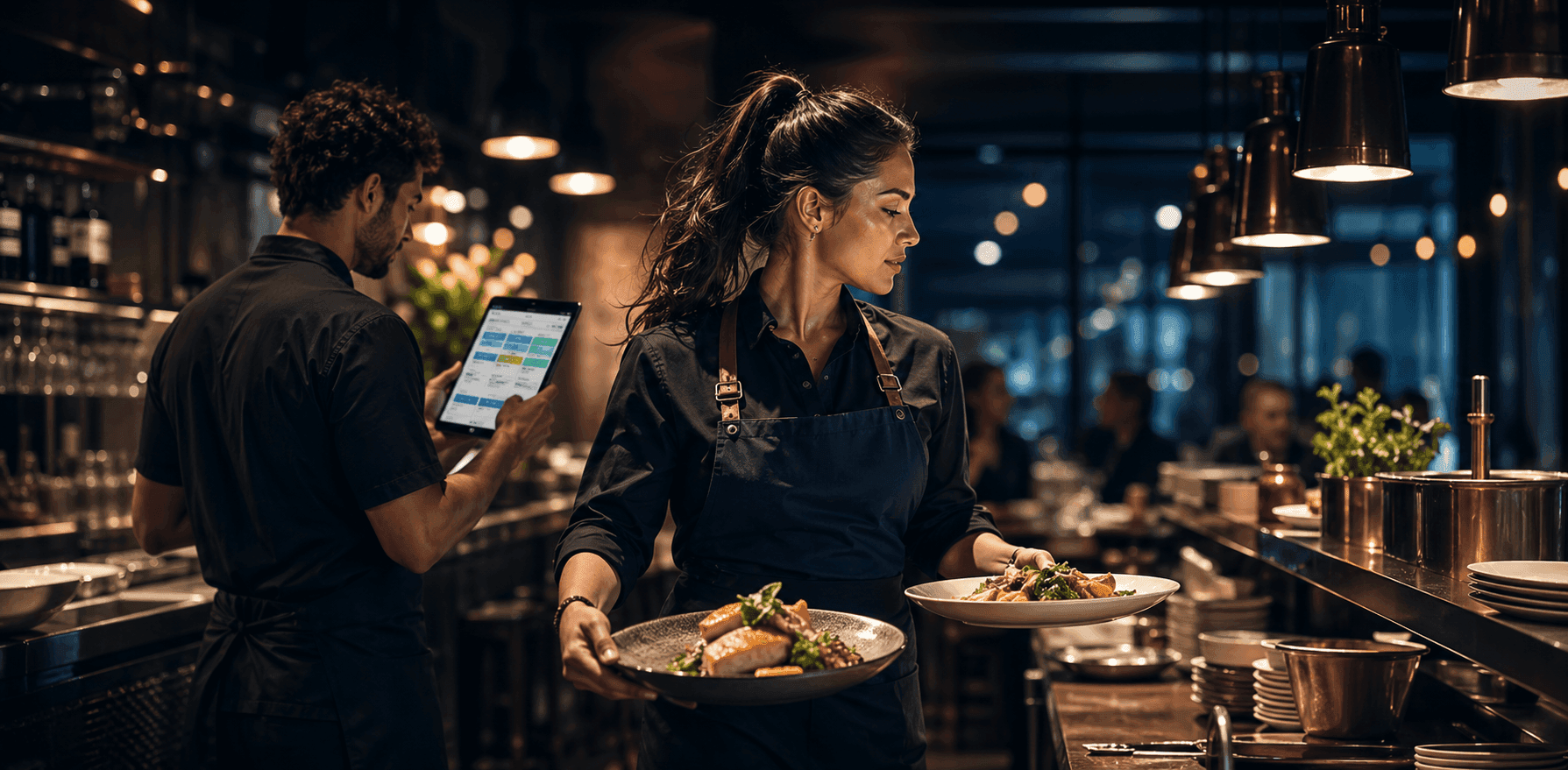 Modern hospitality service scene showing fast-paced shift work and staffing coordination